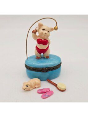 Pig Trinket Box With Removable Miniatures - Swimsuit Design Blue Base Hinged Lid